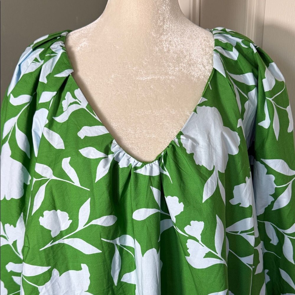 Kate Spade Floral Dress Green Cotton V Neck Balloon Sleeve XXL Plus - Picture 3 of 12